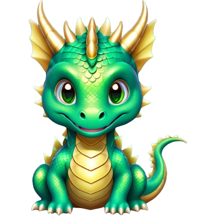 Cinematic Cute Dragon Portrait Emoji, Head tilted playfully and inquisitively, featuring a sleek, serpentine form adorned with iridescent scales that shift between emerald and gold, a delicate set of subtle horns, and round, sparkling eyes full of curious magic; rendered with realistic detail and warm natural light, high shine, affectionate and enchanting, styled with a touch of whimsical fantasy, soft glowing outline, capturing the essence of a mischievous yet lovable dragon that seems poised to slither playfully into your arms! emoji