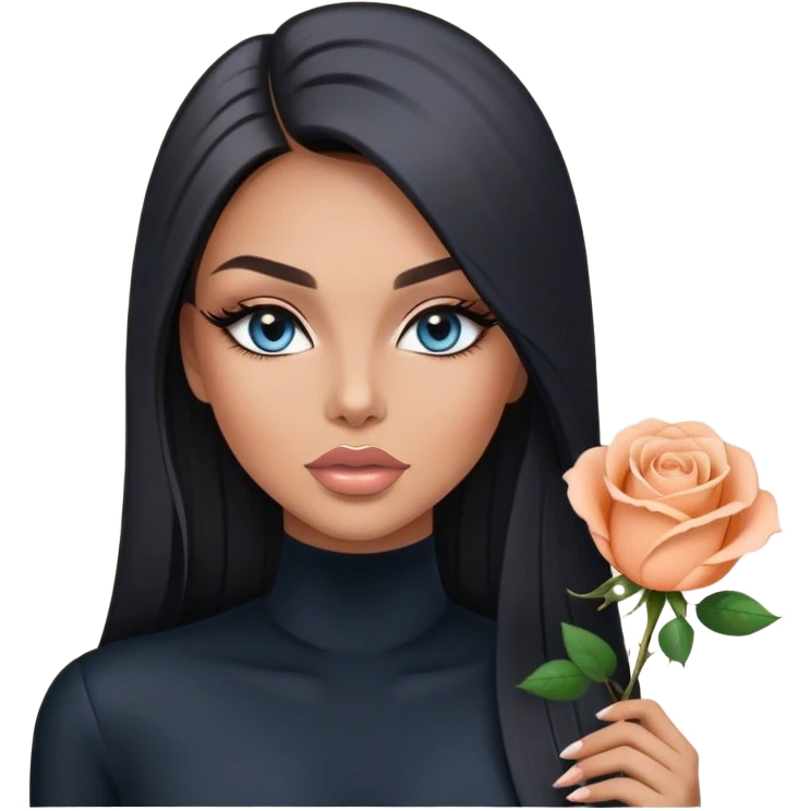 Glamours, tanned, very beautiful girl, with big pump peach-beige-rose lips, long long lashes, black straight smooth silky long hair, straight parting hair, blue-grey eyes in black clothes emoji