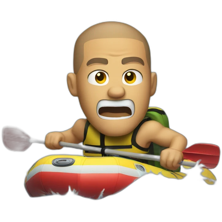 Angry muscular tan guy with buzz cut white water rafting emoji