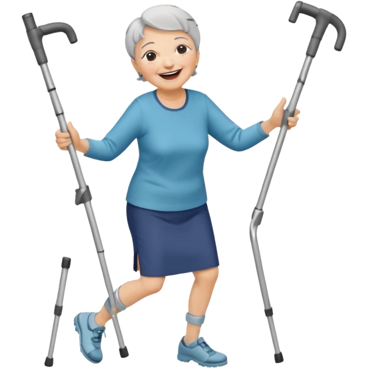 elderly woman with pants, short grey hair, laughing and dancing th crutches emoji