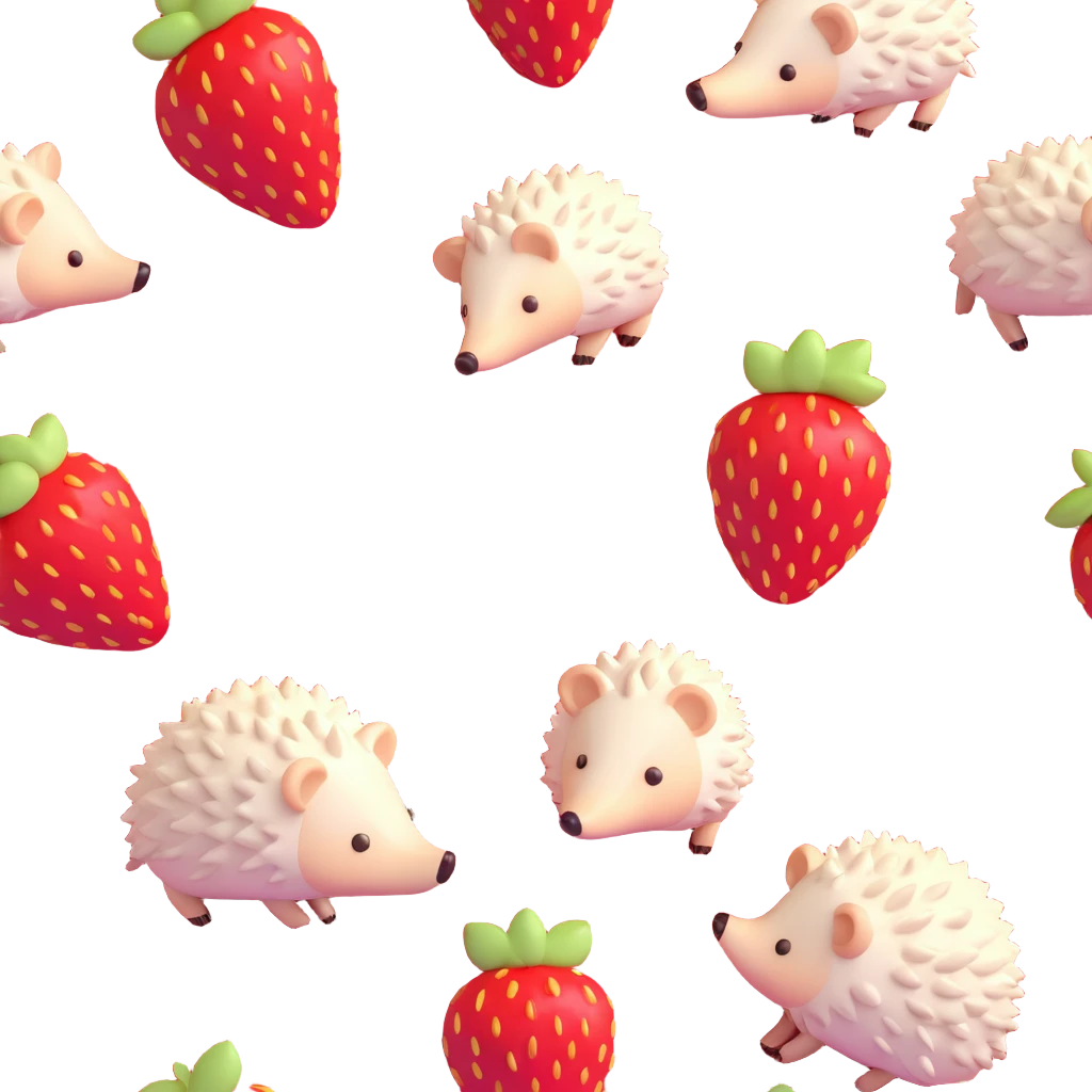 Make the strawberries brighter and more vibrant red, keeping the hedgehogs and background in iOS 3D style with soft 3D lighting and pastel colors, minimal composition. emoji