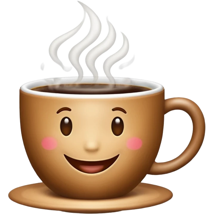 Create an emoji-style image of a warm morning cup of coffee with steam rising and a cheerful smiling face on the cup. The background should feel cozy and bright, like morning sunshine. emoji