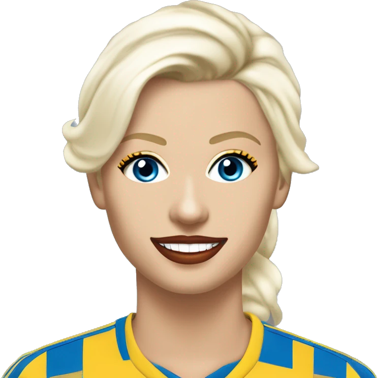 Jesse Maley pretty older white Swedish looking Playboy model looking with Blue eyes, a sexy smile, with big Red lips and almond shaped eyes with long eyelashes, platinum blonde blonde, pixie haircut and golden skin and Leeds united shirt and badge emoji