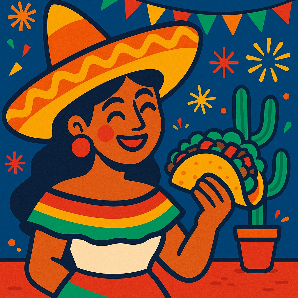 Mexican woman with a big sombrero, holding a taco, fiesta background, playful and fun emoji