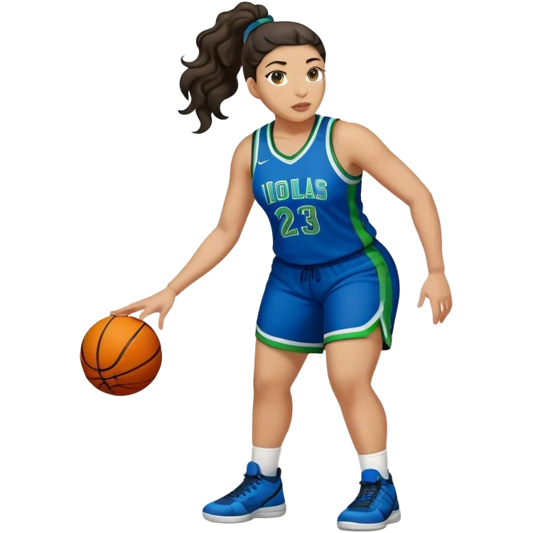 full body plus size light skin  latino women basketball player with wavy dark hair in pony tail wide nose wearing blue uniform with green accent emoji