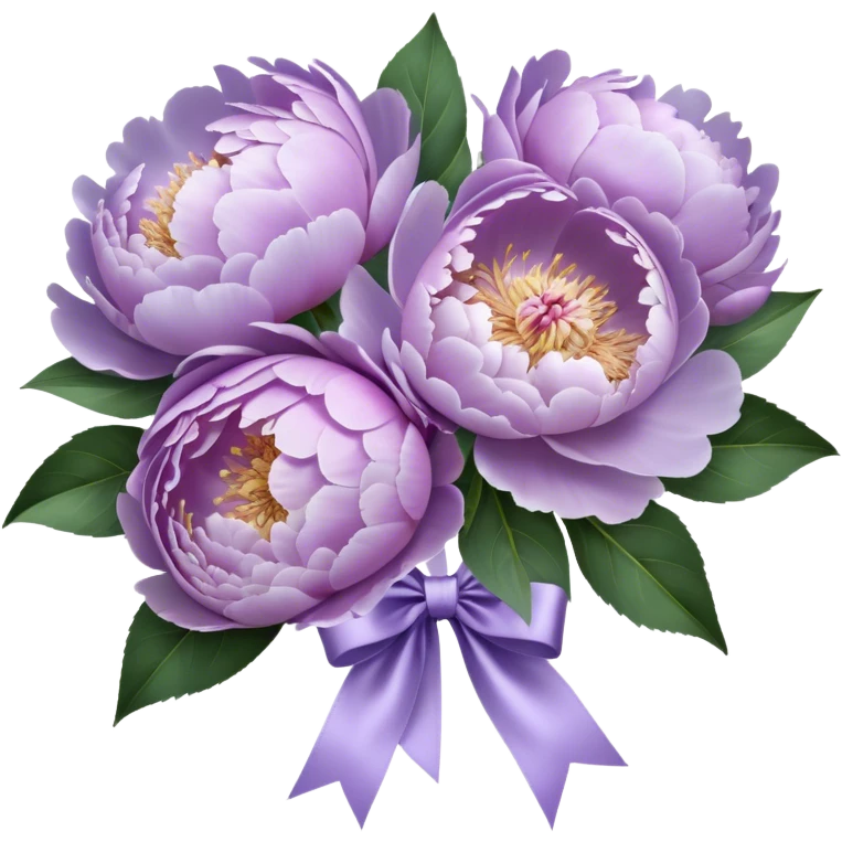 "A hyper-realistic bouquet of light purple peonies, freshly bloomed, tied with a luxurious satin ribbon in a soft lavender shade. The petals are delicate and slightly ruffled, with subtle color gradients ranging from pale lilac to deep violet. The bouquet is placed on an elegant marble tabletop with a vintage-style mirror reflecting its beauty. Soft natural light enhances the intricate textures of the flowers, casting gentle shadows."
 emoji