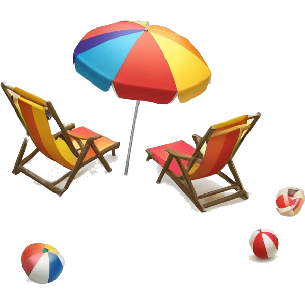 Beach umbrella with two beach chairs and a beach ball on the sand facing the sea emoji