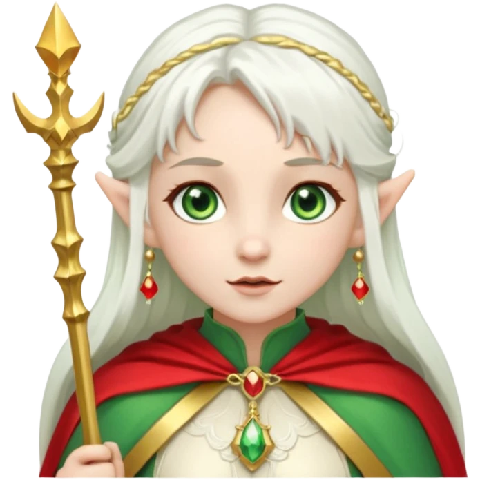 an elf with very white hair and two long PONYTAILS/pigtails on the side of her head, she has a curtain bang, green eyes, she has a white cape with golden borders and a scepter with a red orb, she has earrings that look like red drops emoji