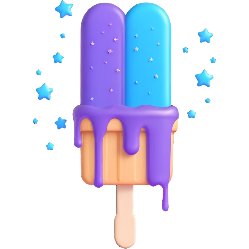 A 3D iOS style emoji of a melting popsicle with a blue and purple color scheme, surrounded by stars and sparkles. emoji