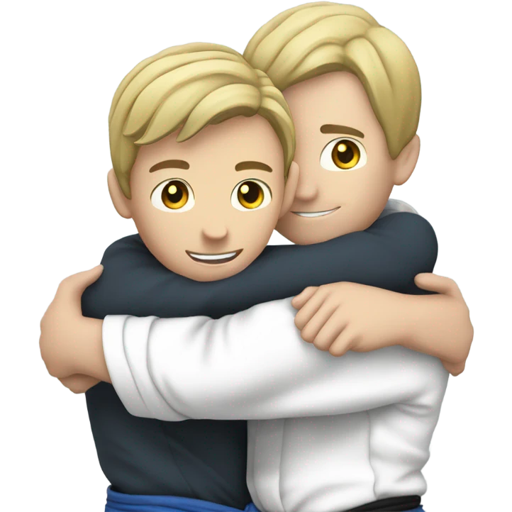 One jiujitsu boy hugging another jiujitsu boy from behind both fair skinned emoji