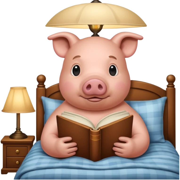 pig reading in bed with retro light lamp next to it emoji