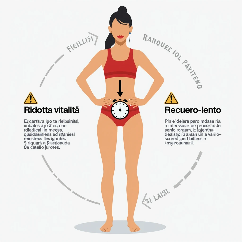 realistic infographic in Italian: athlete with clock symbol and downward arrow in pelvic area, captions 'Ridotta vitalità' and 'Recupero lento', warning icons, white background emoji