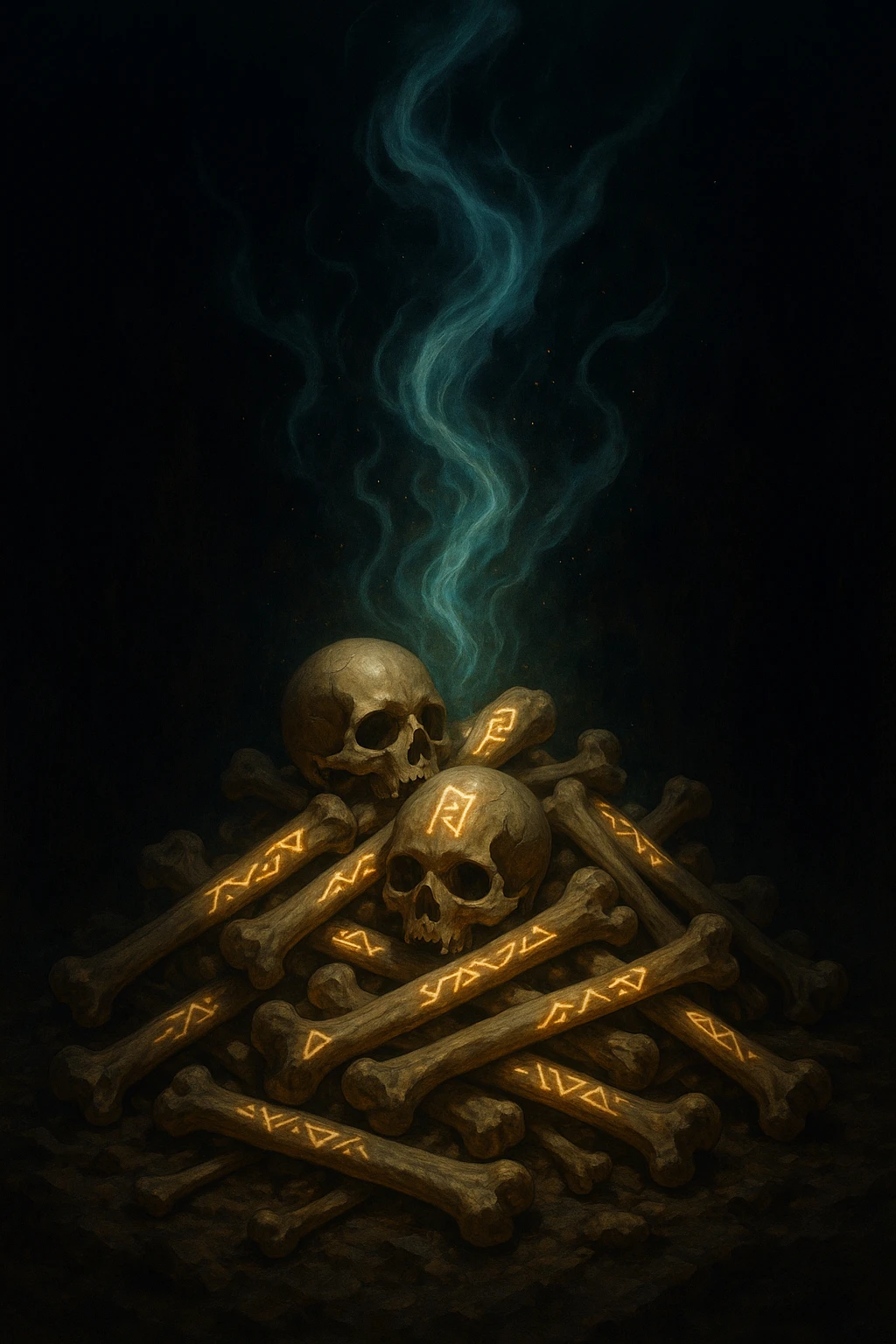 a pile of ancient bones with glowing runes, ethereal energy swirling above, magical atmosphere emoji