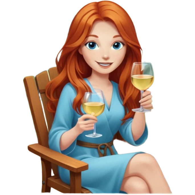 Happy redhead with long hair and blue eyes holding white wine sitting in chair beside firepit emoji