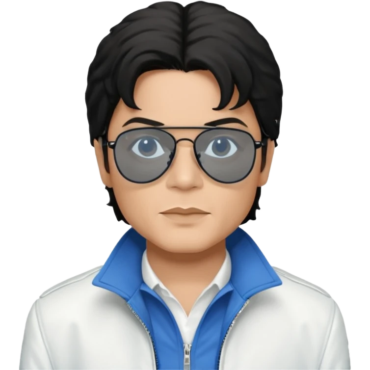 Michael Jackson is white, wearing completely black smokey Ray-Ban glasses, a white jacket, and a blue shirt. emoji