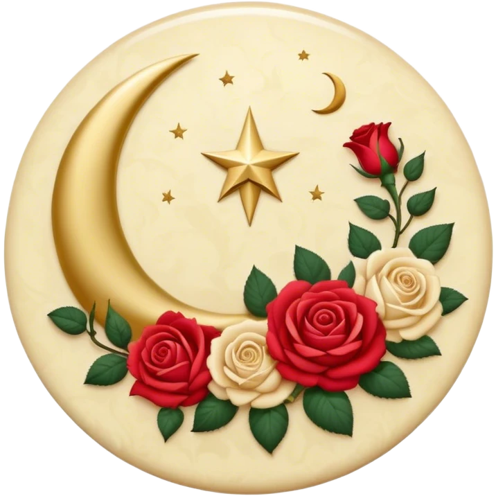 A round button with a crescent damask moon and roses in the center emoji