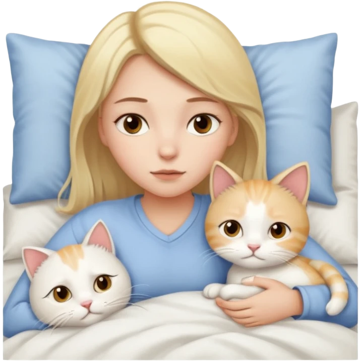 They recreate a photo of a blonde girl with light brown eyes, lying in bed sick with the flu, with her cat white nearby. emoji