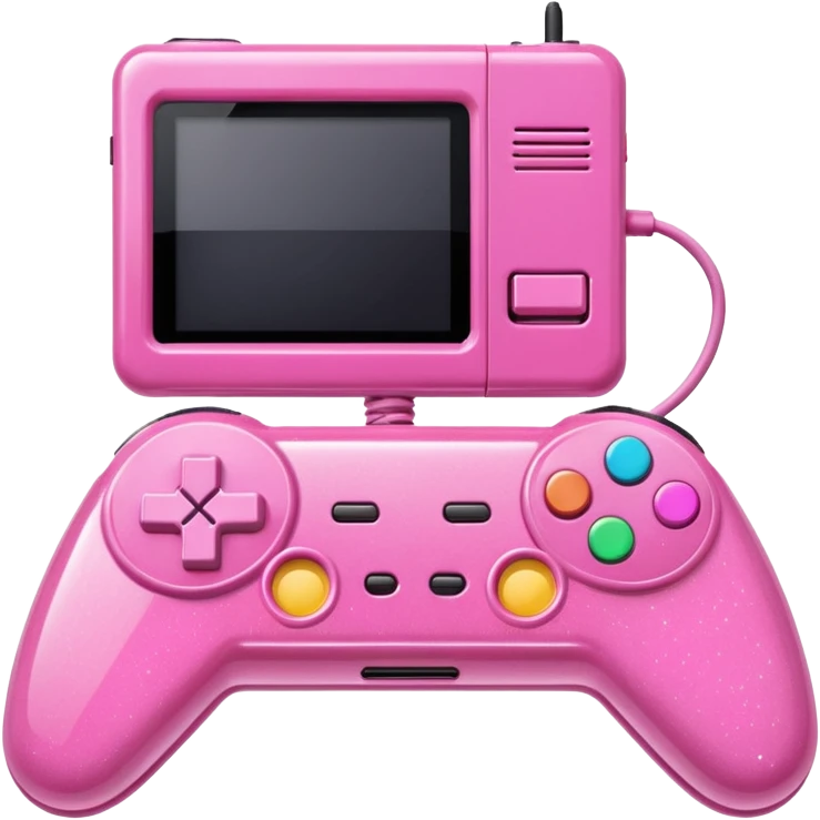 glittery pink 90s retro game console with pink corded controller next to it emoji