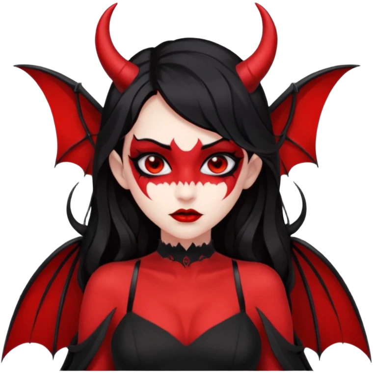 demon girl, skin red , black long hair, small horns, bat wing, black open-back dress, bold black outlines, red+black palette emoji