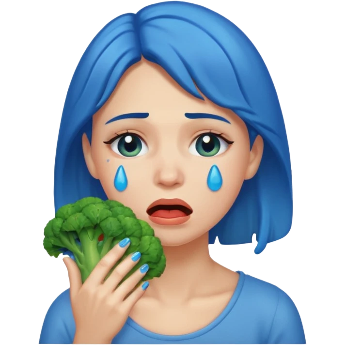 Woman crying eating broccoli. make tears blue color emoji