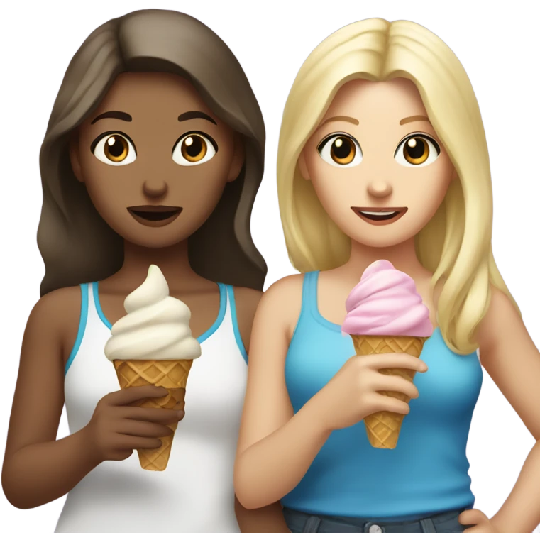 blonde girl with brown eyes standing with her best friend brunette with blue eyes while eating ice cream emoji
