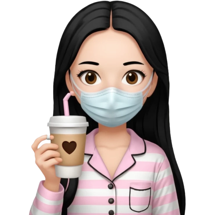 chica de pelo lacio color negro cabellera larga piyama blanca con rayas rosa claras peo no tan claras no oscuras el bordado es negro al igual que los botones )tiene una mascarilla para la carablanca y sostiene y cafe con bolitas nedras al dondo con unsorbete tranparente y es de test blanca  emoji