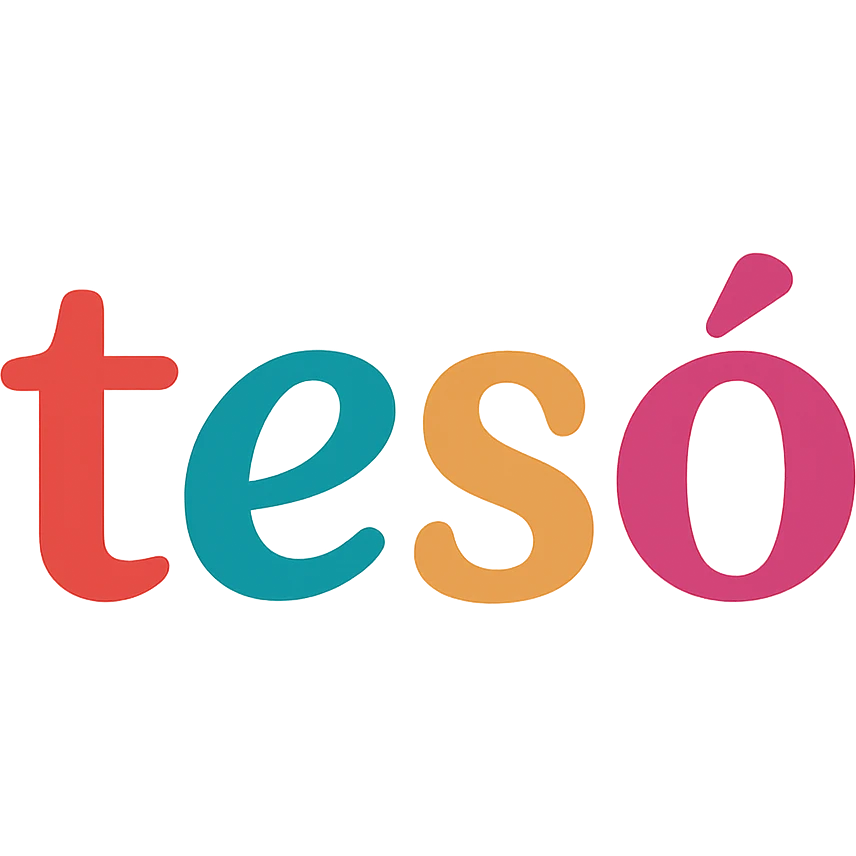 colorful modern text image with the word 'tesó' in the center, varied colorful fonts, no emoji or face emoji