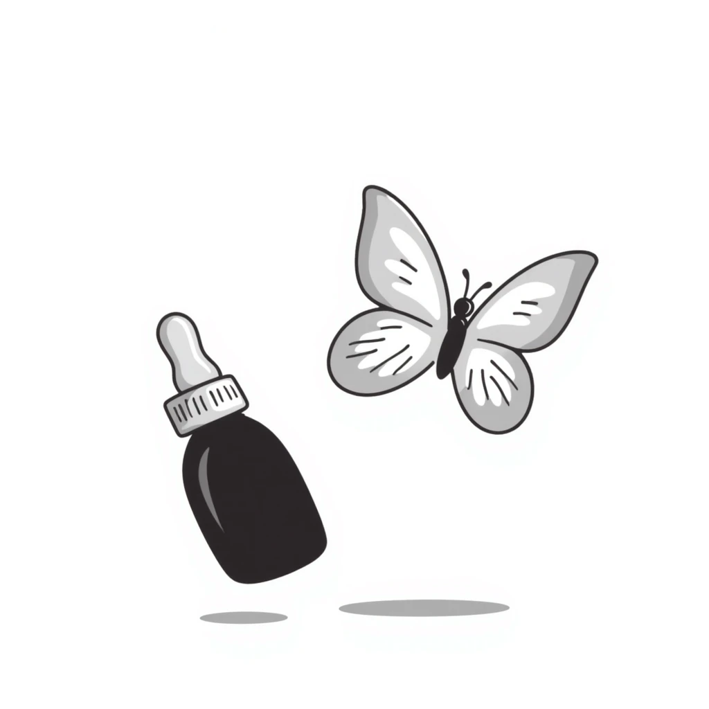 Small dark brown bottle with white cap floating next to a bright translucent butterfly-shaped thyroid icon, representing connection with metabolism and hormonal system emoji