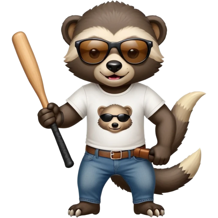 mischievous anthropomorphised honey badger in jeans and a t-shirt, wearing sunglasses, holding a baseball bat emoji