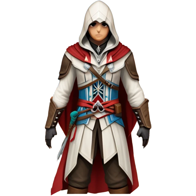 icon featuring Assasin's Creed in an iconic assassin's hood, standing tall against the backdrop of Florence. The design captures the essence of adventure, with intricate details of historical architecture and a sense of mystery. The character is poised, ready for action. transparent background. emoji