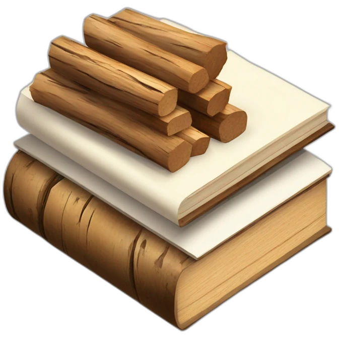isometric BOOK with picture of wood logs, metal rods, fabric, tools emoji