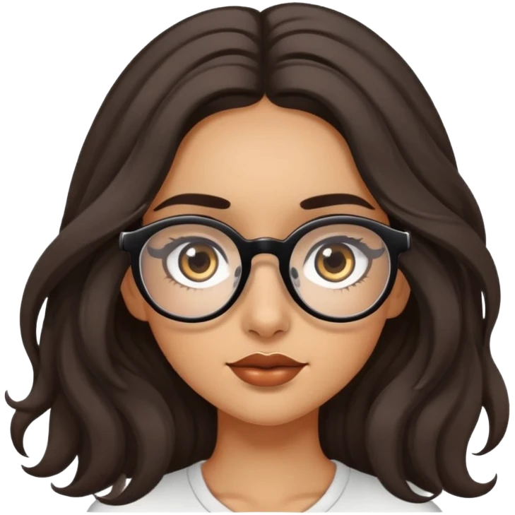Girl with olive skin, brown eyes with long eyelashes and dark wavy long hair and large eyeglasses on top of hair emoji