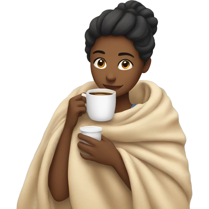 Woman hugging the blanket and drinking coffee emoji
