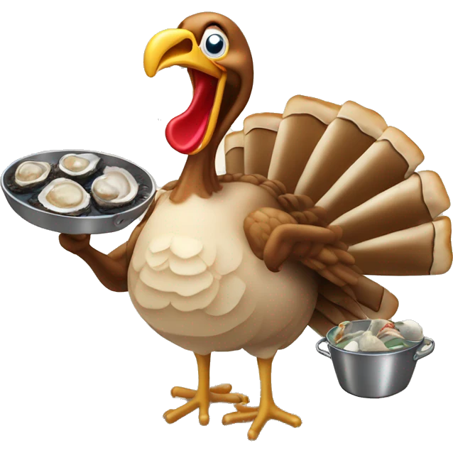 Turkey holding burning slice of toast and pan of oysters emoji
