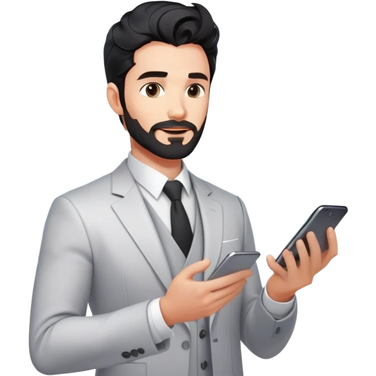 Professional 35-year-old man with black wavy hair, stubble, strong jawline, white skin tone, wearing smart casual business attire, interacting with holographic digital display, surrounded by tech elements, innovative business strategist emoji