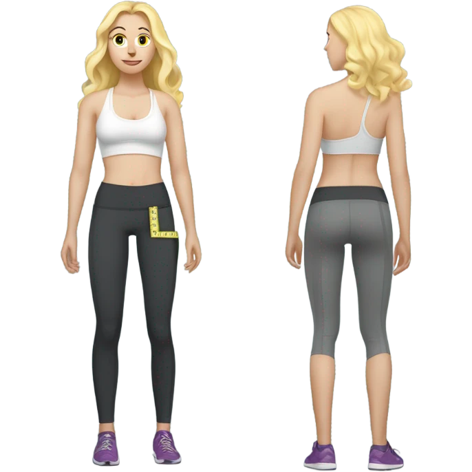 Woman, white skin, pale skin, long hair, blonde hair, wavy hair, standing, sports bra, leggings, tape measure wrapped around waste emoji