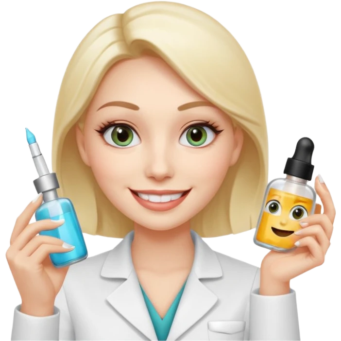 A smiling beautician with cold, calculating eyes, pointing at your cheek while holding an expensive serum bottle. Fake smile, predatory vibe. emoji