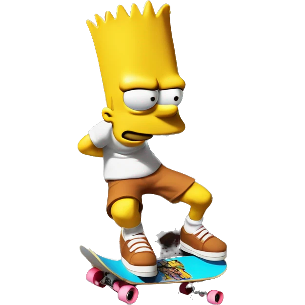 Bart Simpson, skateboard under his arm, poses in front of a graffiti-covered wall. He's giving the camera a playful smirk emoji