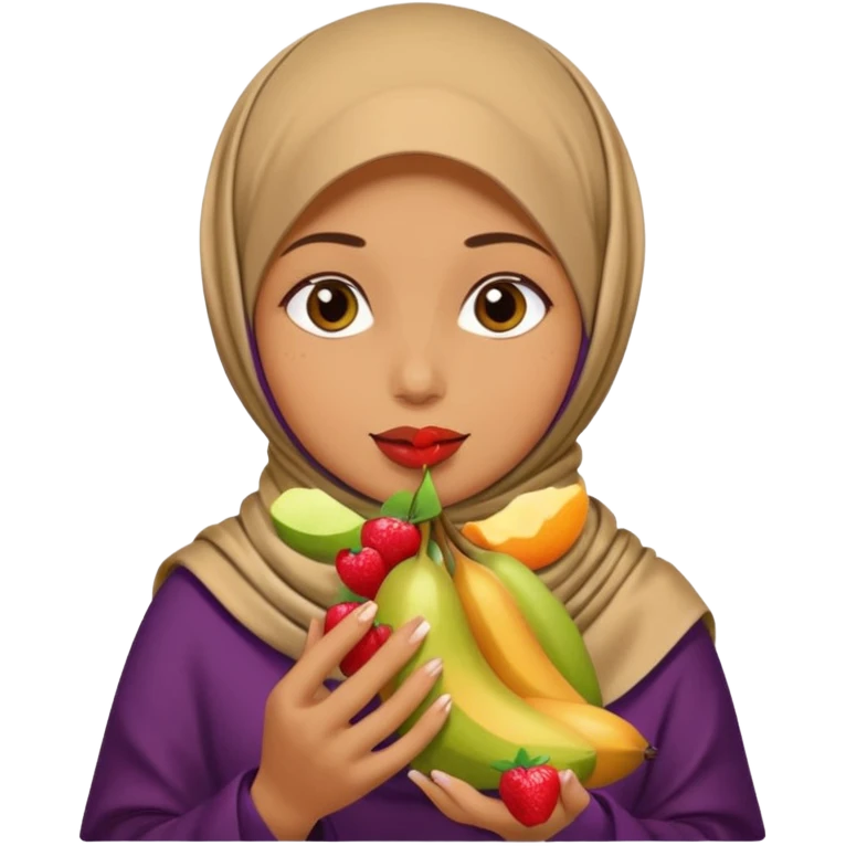 a woman wearing a pashmina hijab is eating emoji