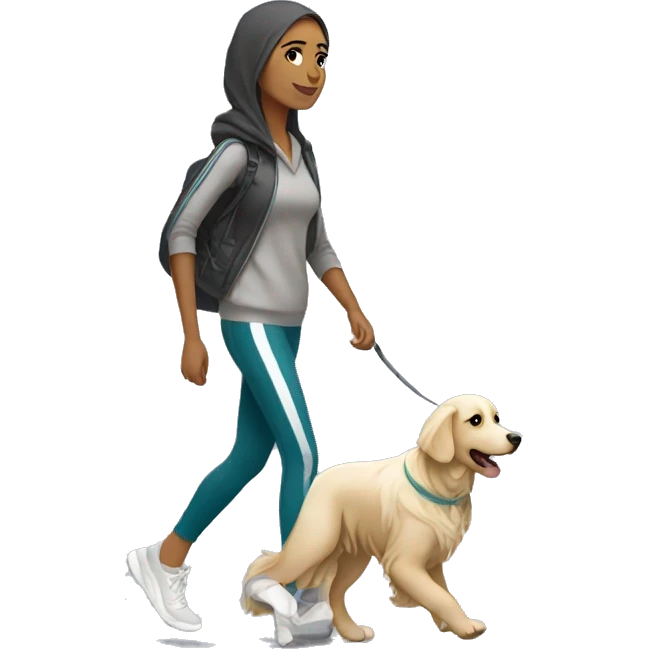 Arab woman wearing athleisure walking white golden retriever emoji