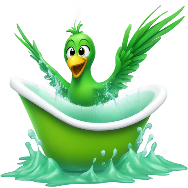 Green bird taking a bath in a white bathtub emoji