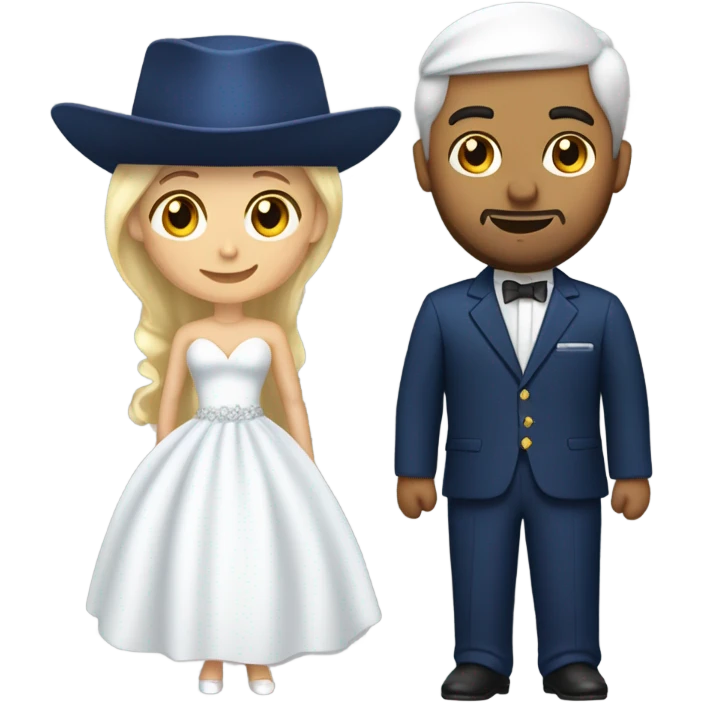 Puerto rican beard short hair with blue hat and navy blue suit getting Married with blond long hair girl with white  wedding dress  emoji