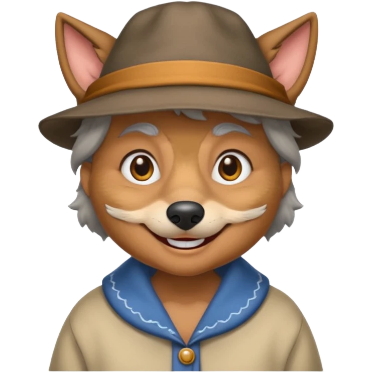 The big bad wolf is wearing Grandma's clothes and a hat, yet its face still looks like a wolf's. emoji
