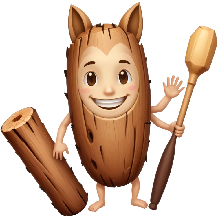 a brown wooden log with legs and arms and feet and a human face smiling with a wooden bat in its left hand  emoji
