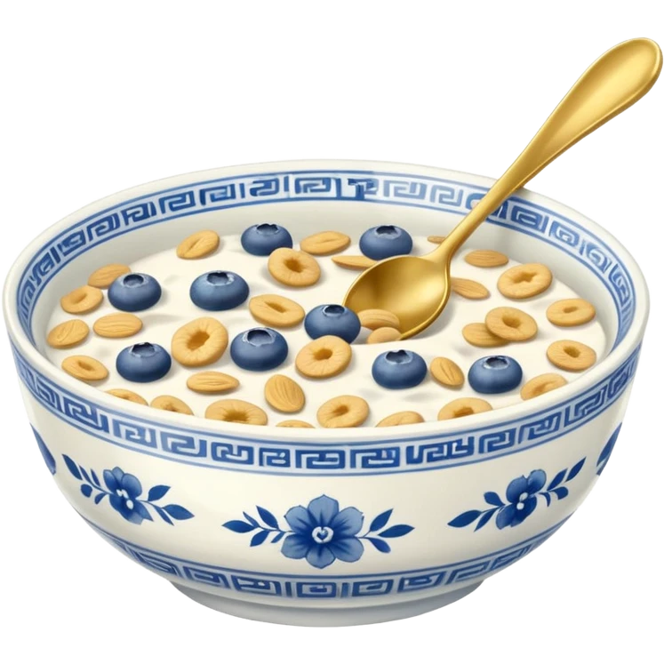 Blue and white China dish bowl, with  gold long spoon, and cereal inside emoji