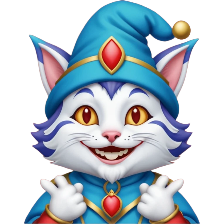 crazy colorful cute little cat jolly joker from poker, medieval, vintage, court jester, mac os icon, blue color emoji
