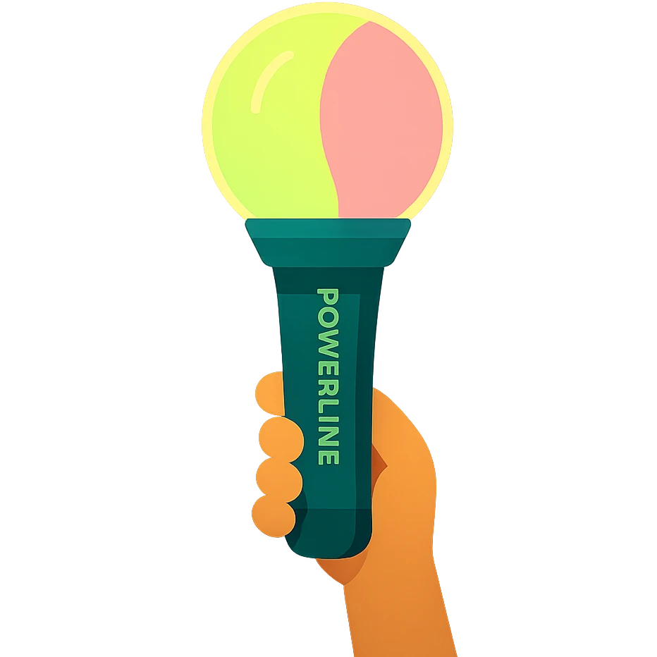 green and pink K-Pop lightstick with the keyword 'POWERLINE' on the handle, glowing, held up in a crowd at a concert, vibrant lighting emoji