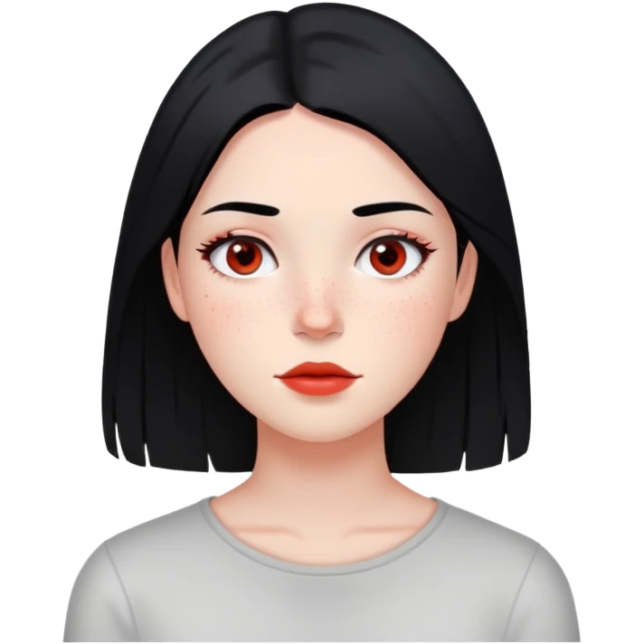 young woman with straight black hair, minimal makeup, and scattered red freckles emoji