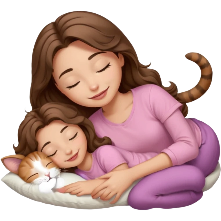 girl with wavy long brown hair, brown eyes, light to medium complexion, long lashes, light pink lipstick, smiling, wearing light pink shirt, sleeping on a cozy pillow, with brown tabby cat, sleeping emoji