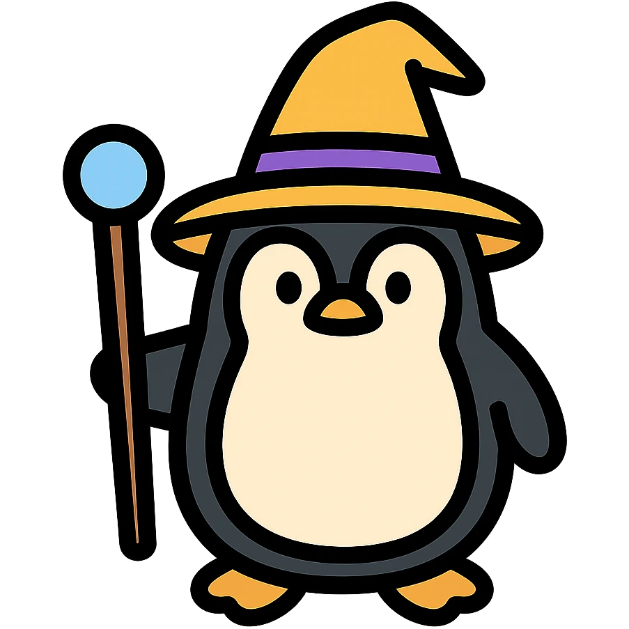 penguin wizard with a hat and staff icon with color outline emoji